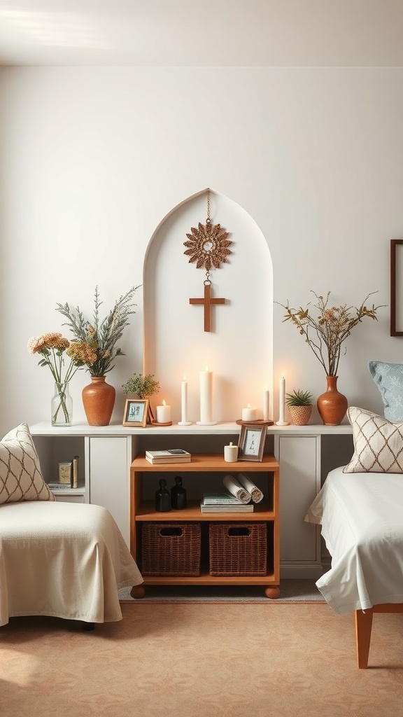 A cozy personalized prayer altar with candles, plants, and decorative items.