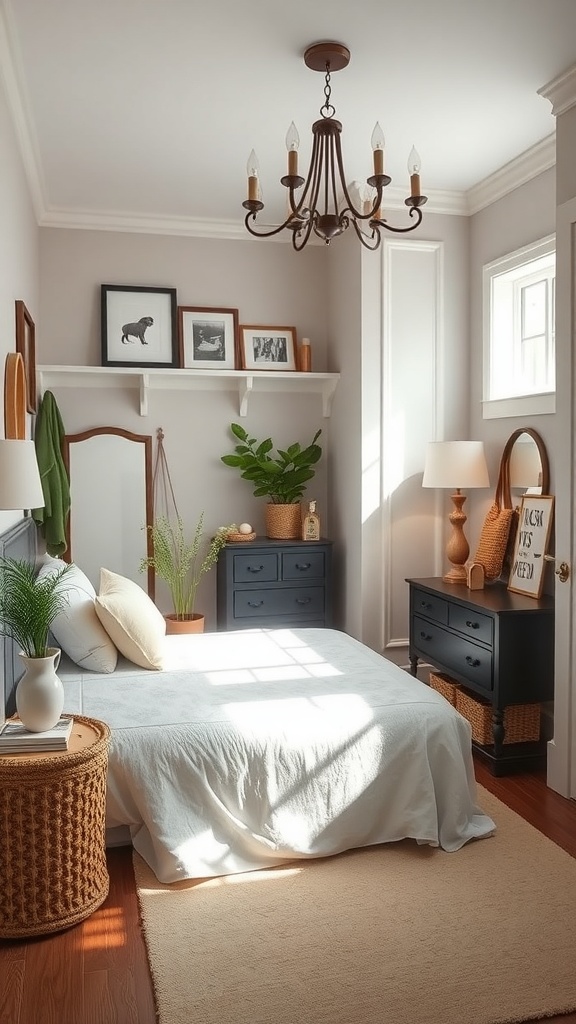 A cozy and stylish mudroom featuring a chandelier, plants, and personalized decor.