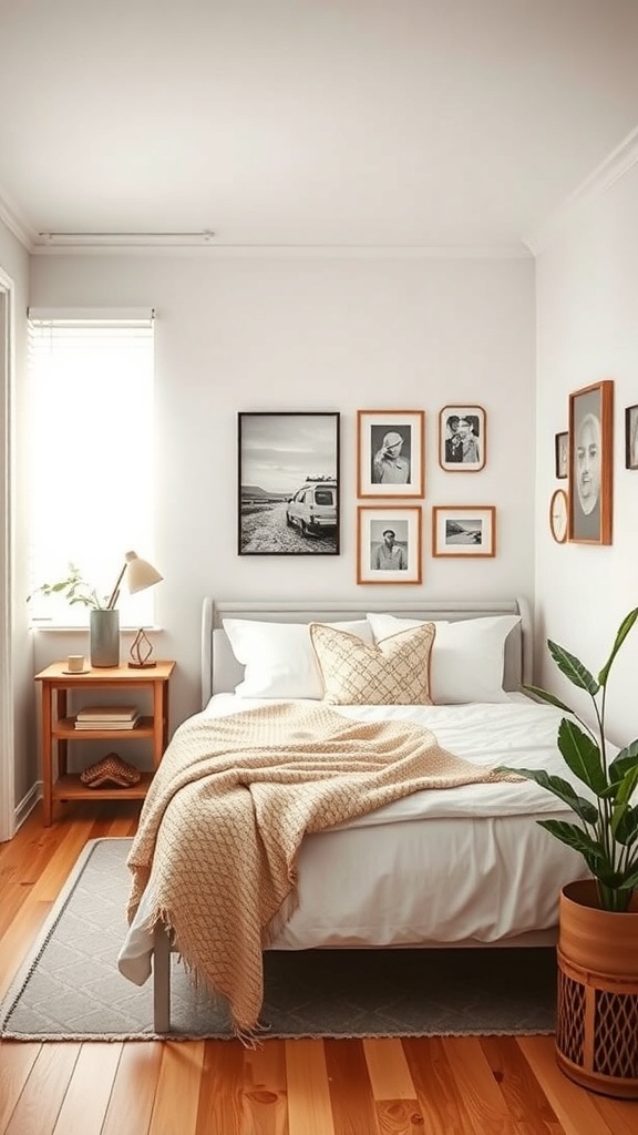 Cozy bedroom featuring personalized wall art with framed photos on a light wall