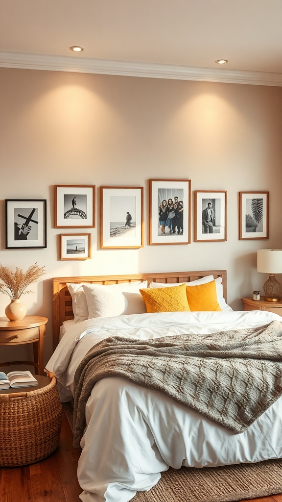 A warm and cozy bedroom featuring personalized wall art with framed photographs.