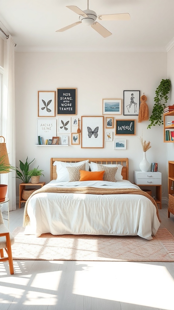 A cozy bedroom with a mix of wall art, plants, and inviting bedding.
