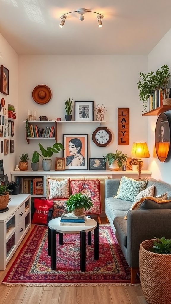 Cozy living room in a tiny apartment with unique decor, plants, and layered textures.