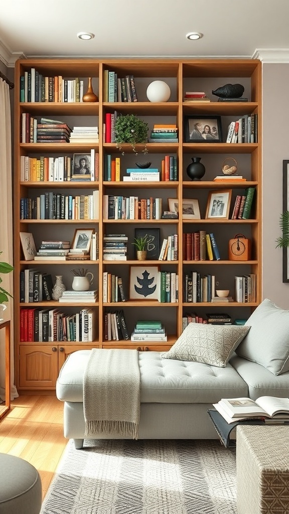 A beautifully organized bookshelf partition featuring books, plants, and decorative items.