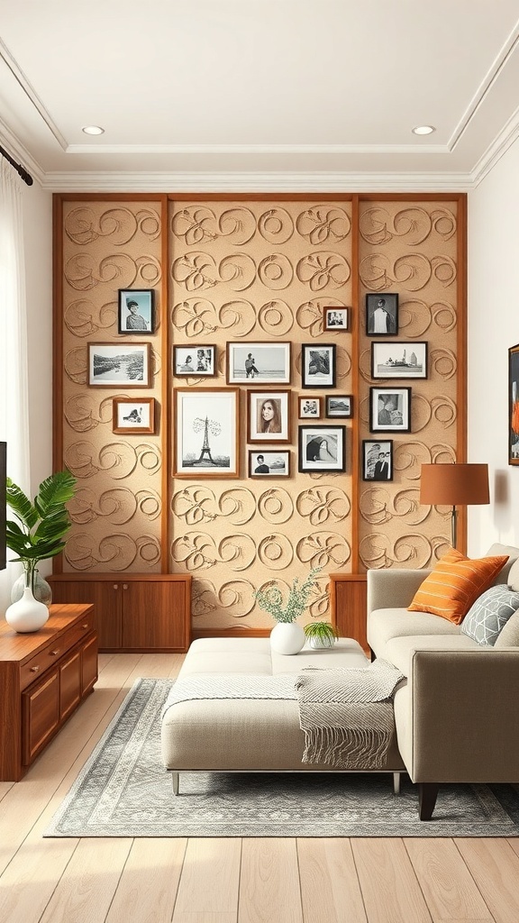 A decorative partition with an embossed design featuring framed photos, complementing a cozy living area.