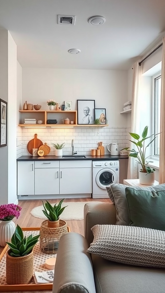 A cozy apartment kitchen featuring open shelving with plants and art, a washing machine, and a comfortable living area.