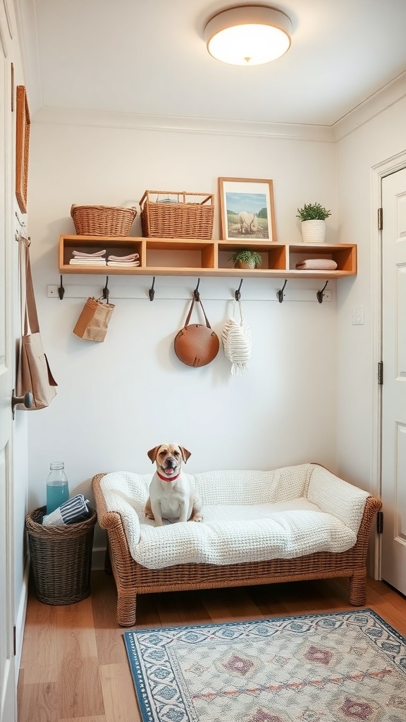 A pet-friendly mudroom featuring a cozy dog bed, storage shelves, and hooks for pet supplies.
