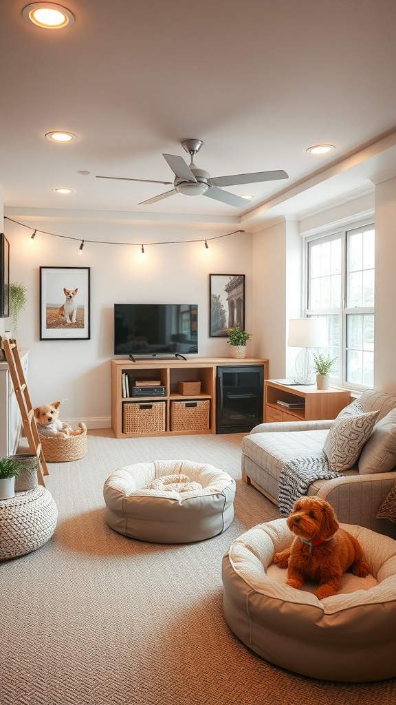 A cozy pet-friendly basement retreat with dog beds, a couch, and wall art.