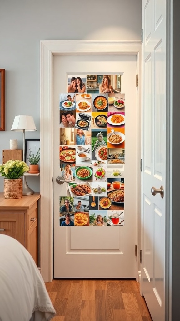 A pantry door decorated with a collage of family recipe photos, showcasing various dishes and joyful moments.