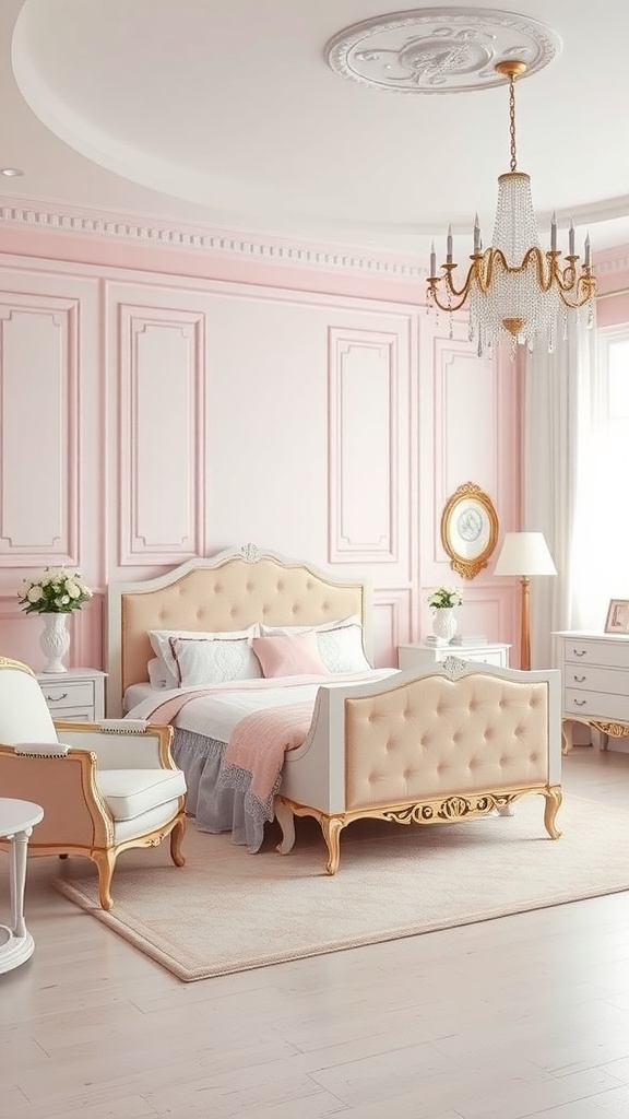 A beautifully decorated pink bedroom featuring elegant white furniture and a chandelier.