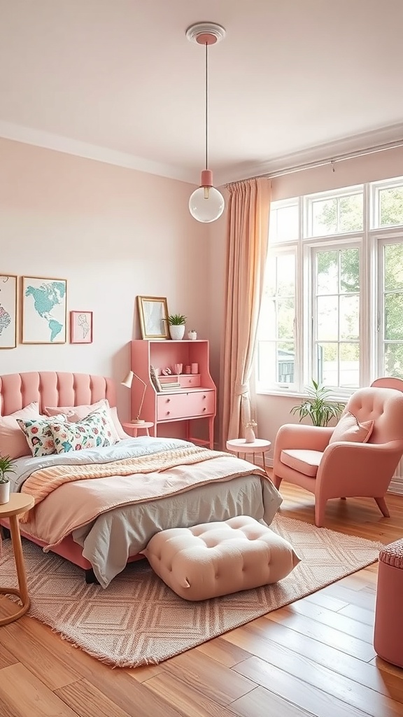 A cozy pink-themed bedroom featuring a plush bed, pink armchair, and stylish desk.