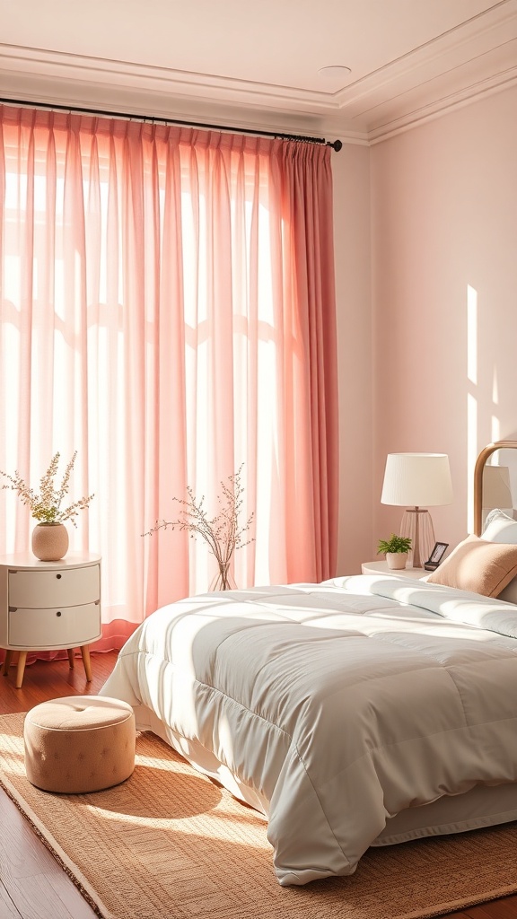 A cozy pink-themed bedroom with soft pink curtains, a light-colored bed, and a decorative pouf.