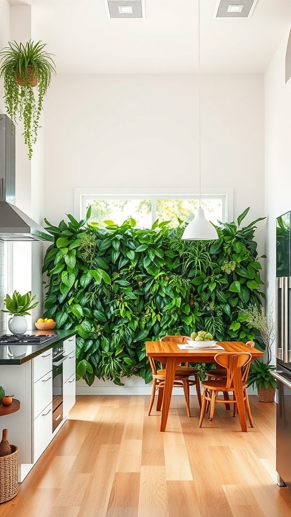 A kitchen with a plant wall divider separating the cooking area from the dining space, featuring various green plants.