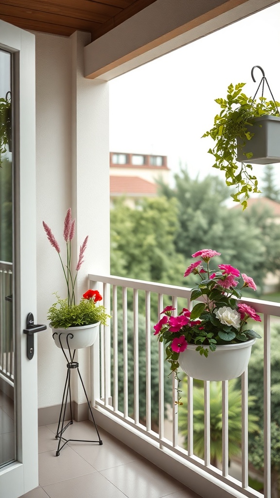 A small balcony with colorful flowers in planter boxes on the railing and hanging plants.