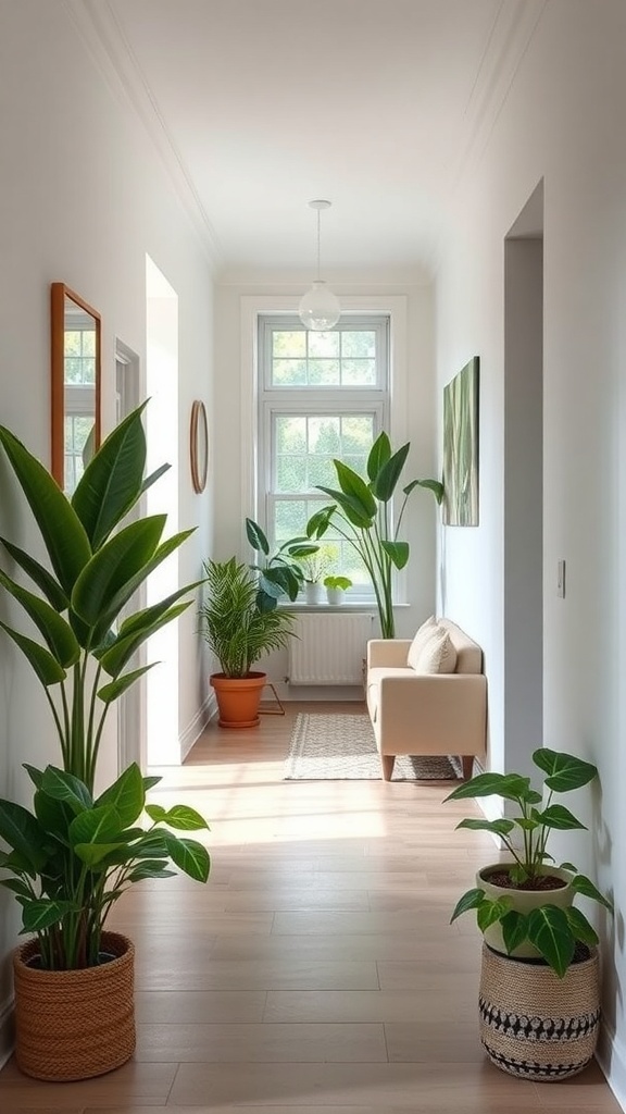 A sunny hallway decorated with various lush plants in different pots.