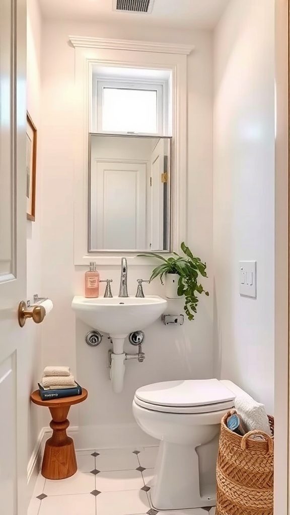 Cozy and stylish tiny powder room with plants and decorative accents.