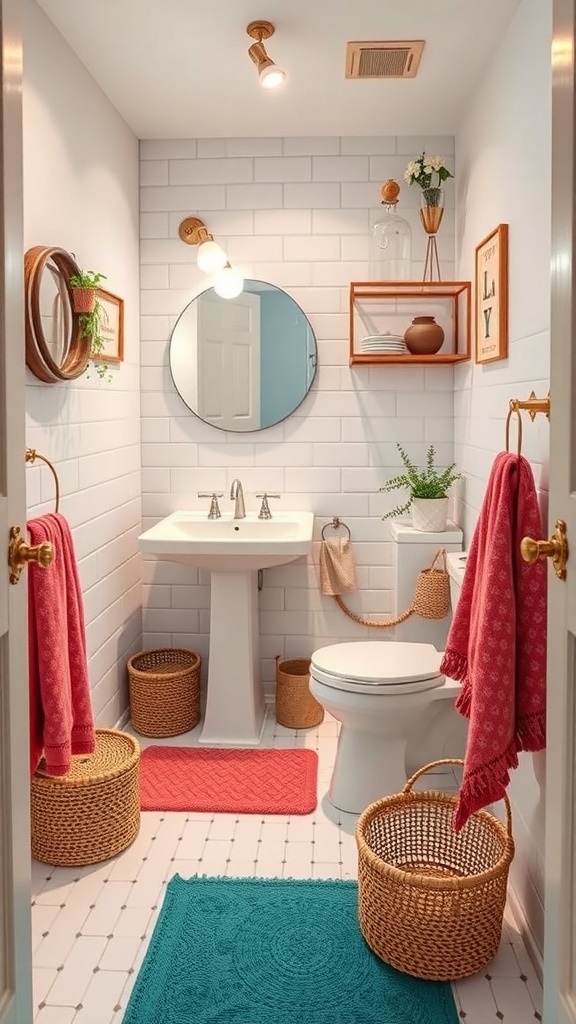 A small, stylish bathroom featuring colorful towels, woven baskets, and decorative shelves.