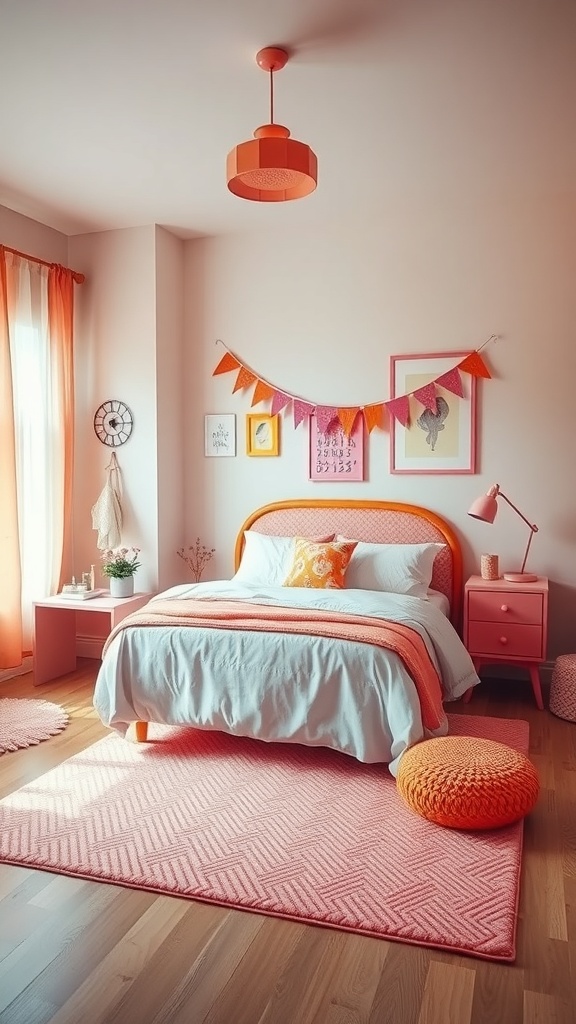 A vibrant bedroom featuring playful color combinations of pink and orange, with a cozy bed and cheerful decor.