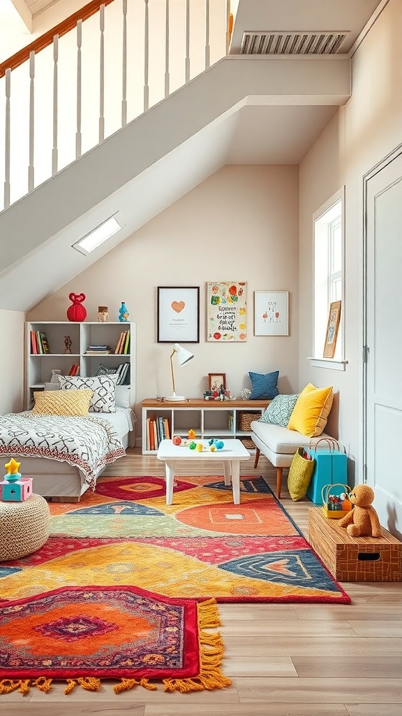 A colorful kids' corner under the stairs with a rug, sofa, and storage for toys.