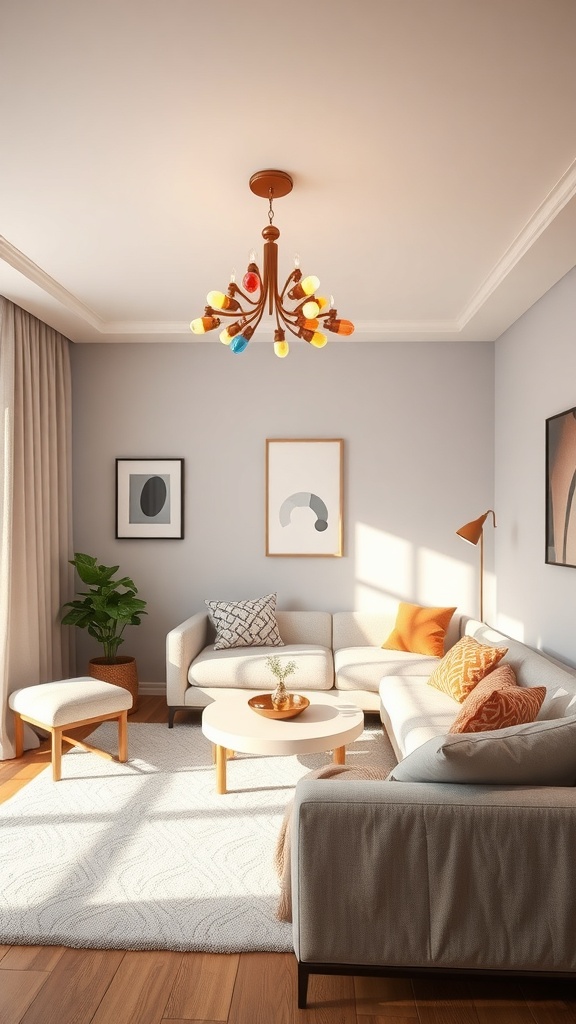 A colorful chandelier in a bright living room with neutral decor and furniture.