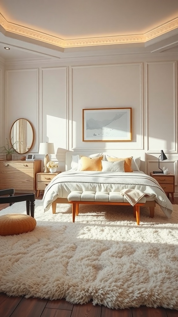 A cozy bedroom featuring a plush area rug, wooden furniture, and warm lighting.