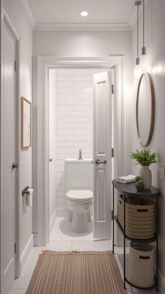 A small modern bathroom featuring pocket doors and stylish decor