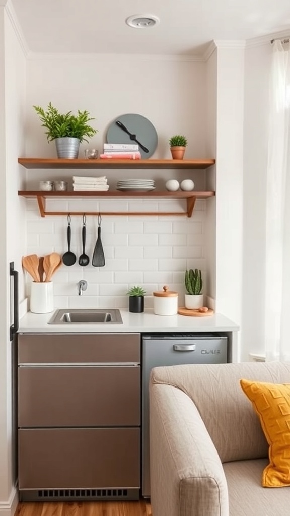 A modern tiny kitchenette featuring storage, plants, and cooking utensils.
