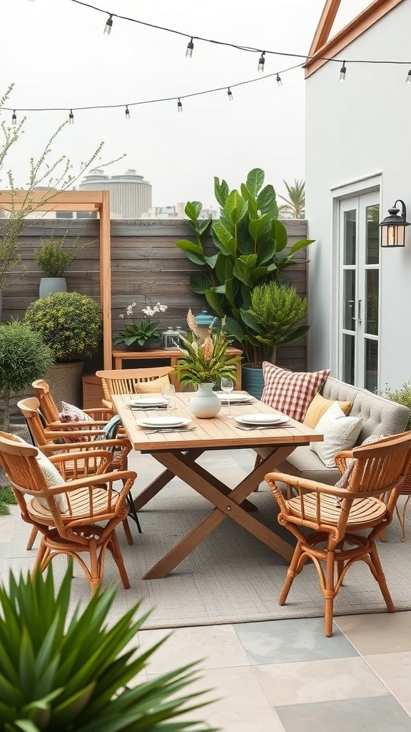 A portable wooden dining table set up on a patio, surrounded by rattan chairs, plants, and string lights.