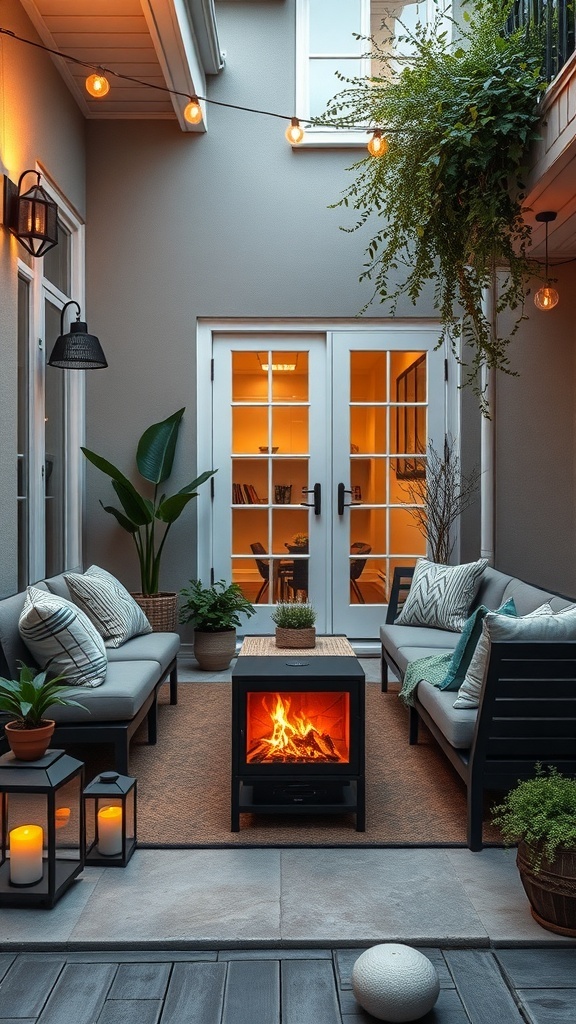 A cozy tiny patio featuring a portable fireplace, seating, and decorative plants.
