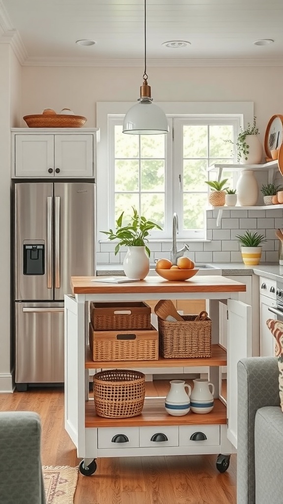 A small kitchen featuring a portable island with wooden top, baskets for storage, and decorative plants.