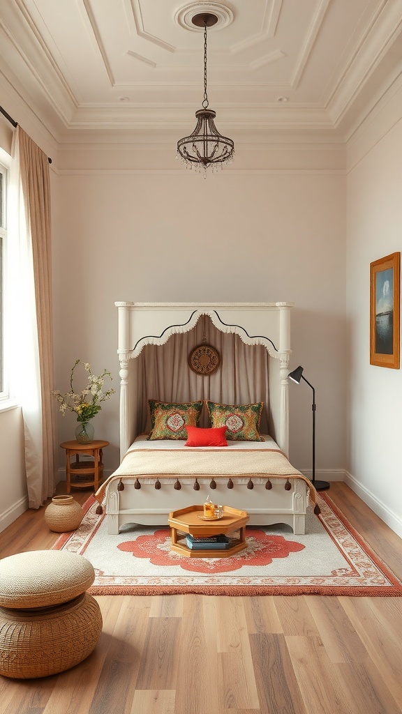 A cozy room featuring a stylish mandir, showcasing a blend of comfort and spirituality in a small space.