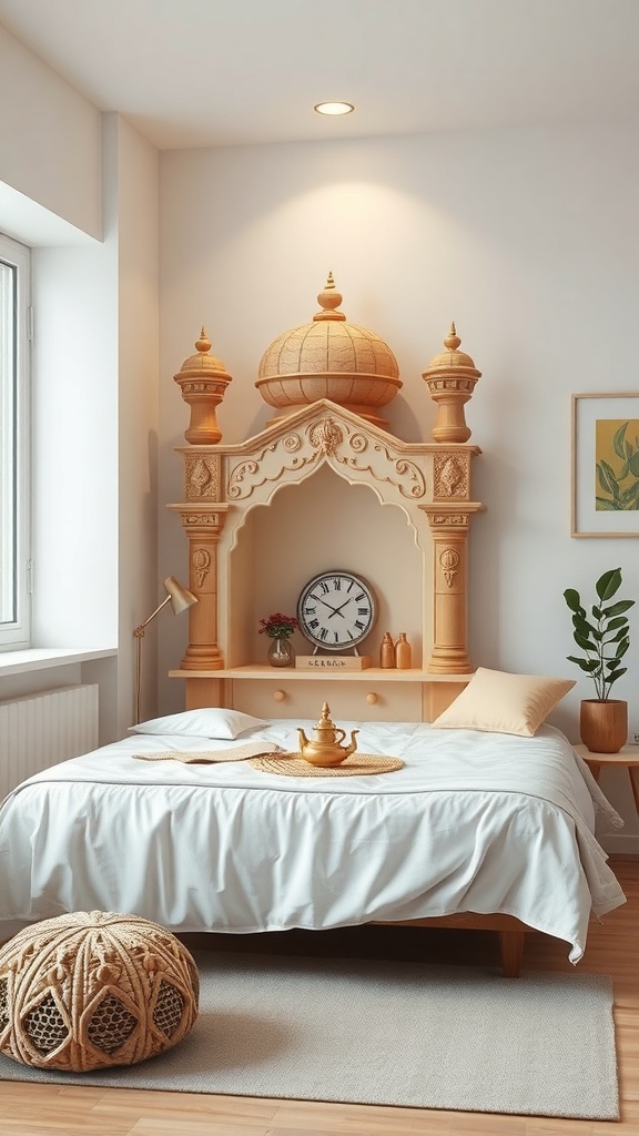 A cozy bedroom featuring a portable mandir with intricate carvings, a clock, and decorative items.