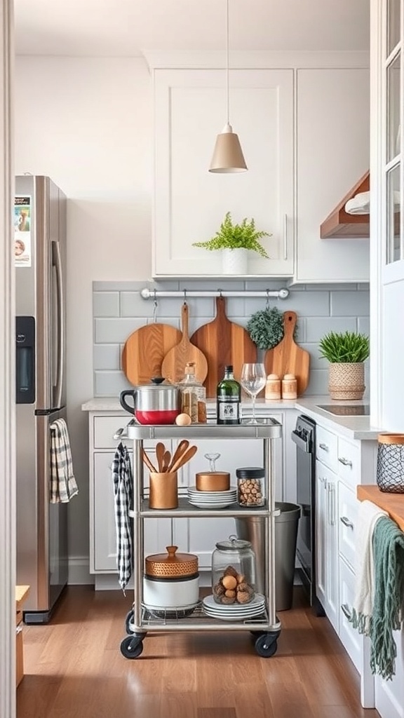 A modern portable storage cart with kitchen supplies in a cozy kitchen setting