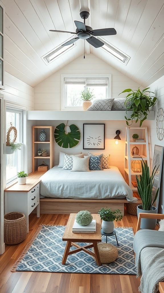 Cozy private loft space in a tiny house featuring a bed, plants, and wooden furnishings.