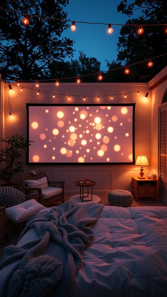 Outdoor setup with projector lights, string lights, and cozy seating.