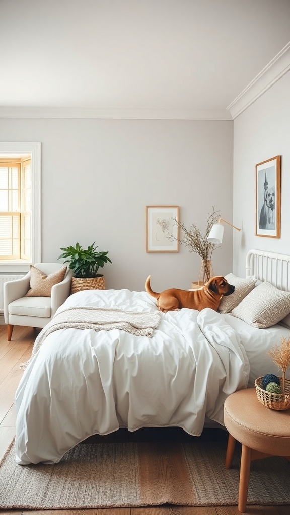 A cozy bedroom with a dog resting on the bed, featuring soft bedding and a calming atmosphere.