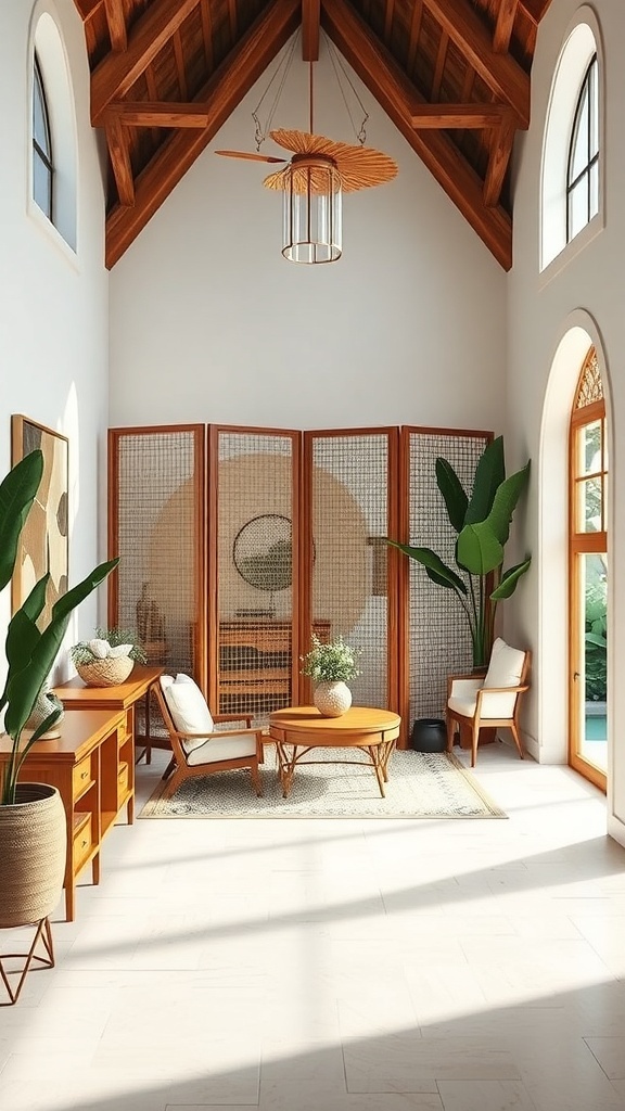A stylish foyer featuring a wicker screen, plants, and wooden furniture.