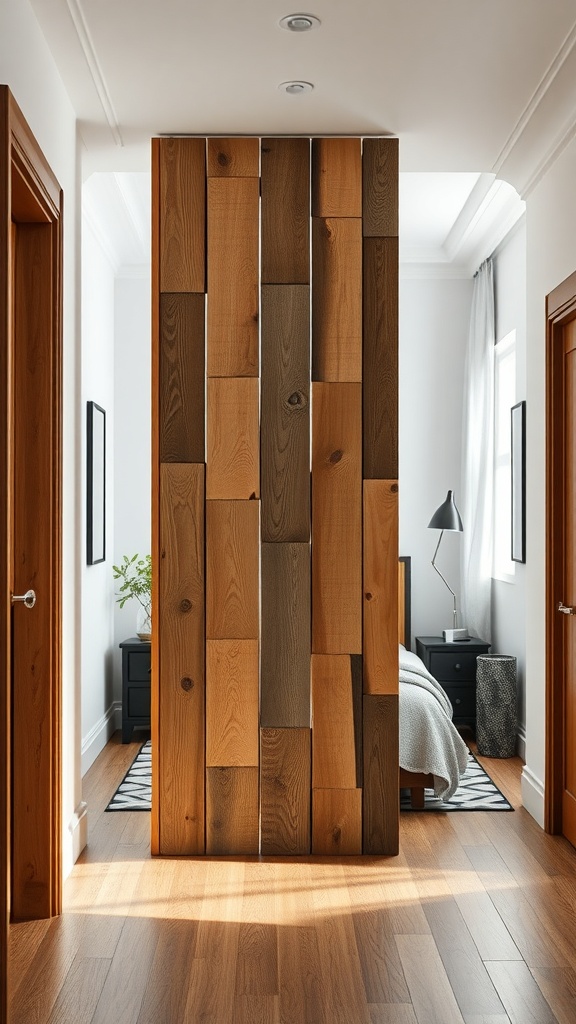A wooden partition made of reclaimed wood separating two areas in a modern interior.