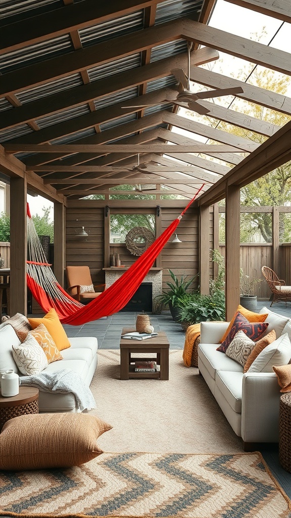 Cozy outdoor patio with a red hammock, comfortable sofas, and decorative pillows.