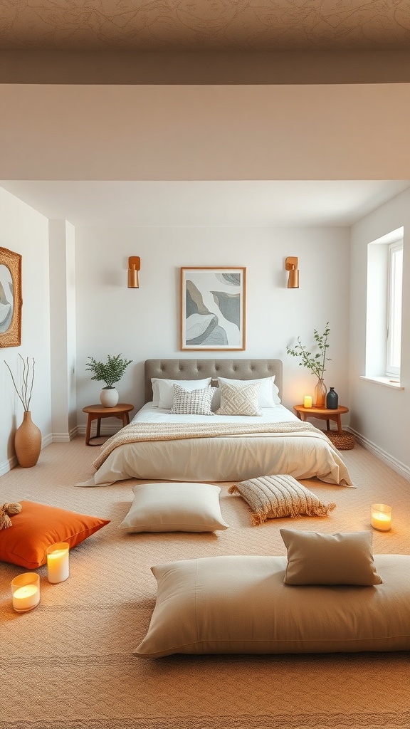 A cozy meditation space in a basement with a bed, cushions, plants, and candles.