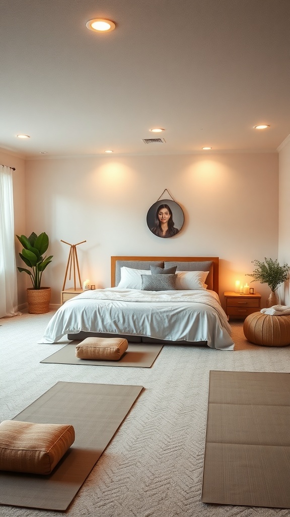 A cozy yoga and meditation space in an unfinished basement with mats, cushions, and soft lighting.