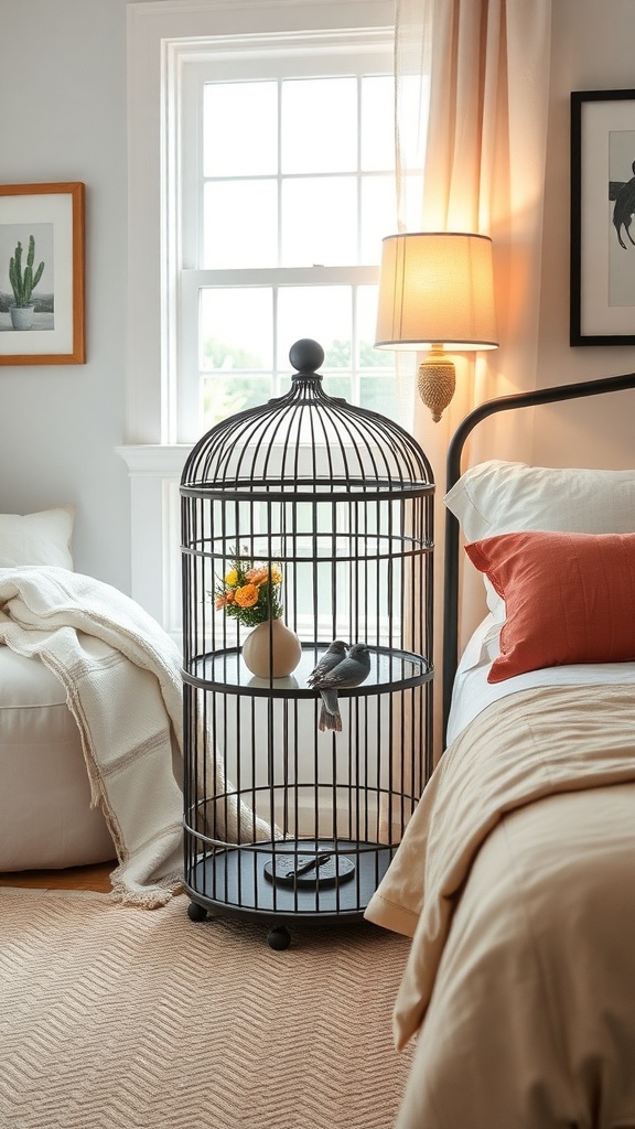A stylish black bird cage used as a side table in a cozy bedroom, featuring a vase of flowers and a decorative bird.