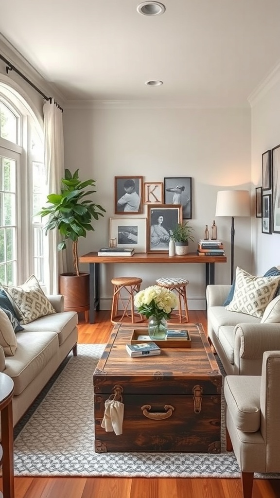 Cozy living space featuring a wooden trunk as a coffee table and a functional desk in the background.