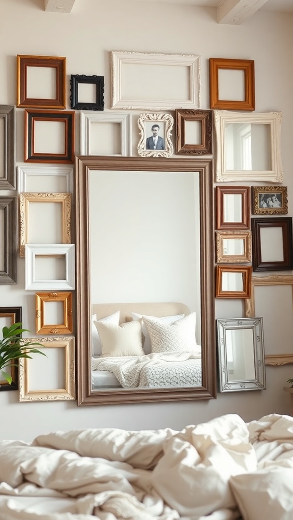 A collage of various picture frames surrounding a large mirror on a wall.