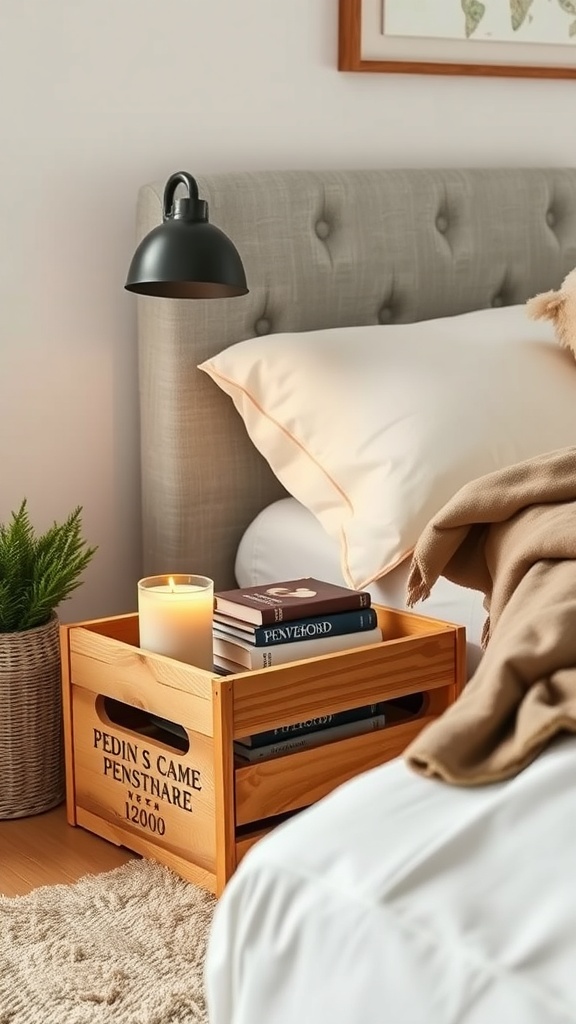 A cozy bedroom featuring a wooden crate as a nightstand, topped with books and a candle.