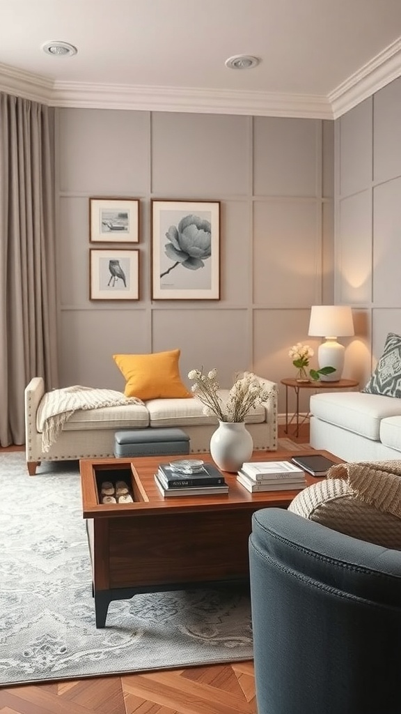 A cozy living room featuring a multi-functional coffee table, a comfortable sofa with a throw, and decorative wall art.