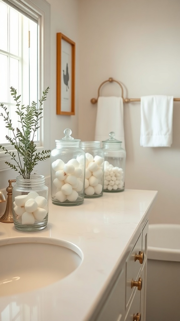 A bathroom countertop with glass jars containing cotton balls and bath tablets, alongside a small plant.
