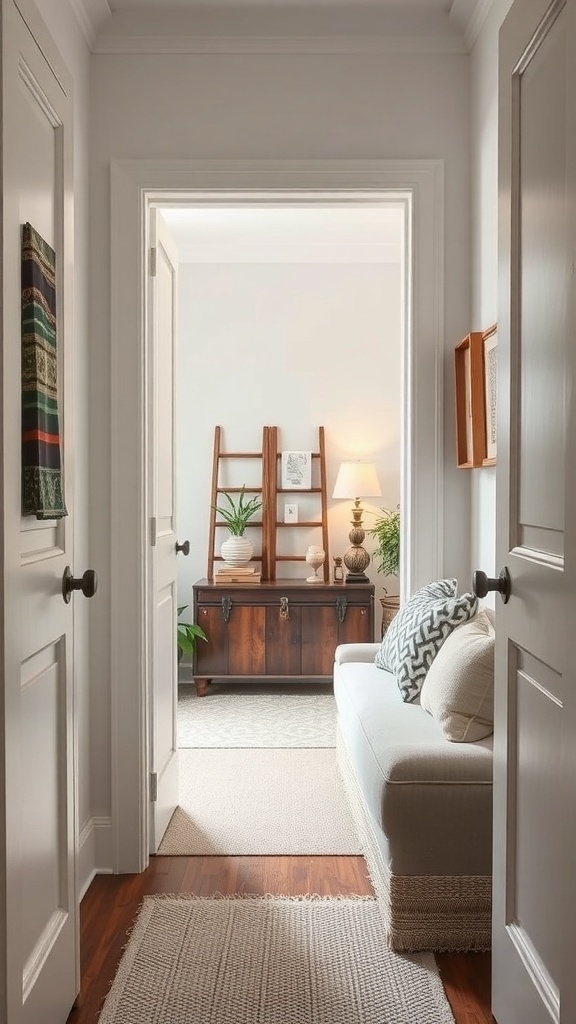 A hallway leading to a cozy living area with a wooden chest and a ladder shelf.