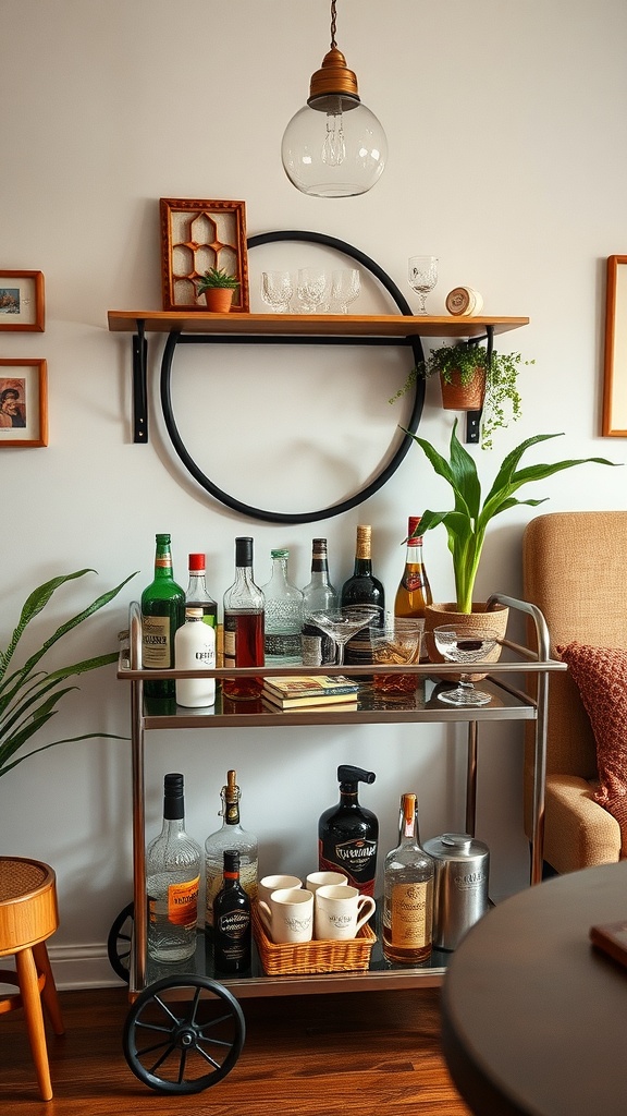 A retro-inspired bar cart with various bottles, glassware, and decorative items, set against a cozy backdrop.