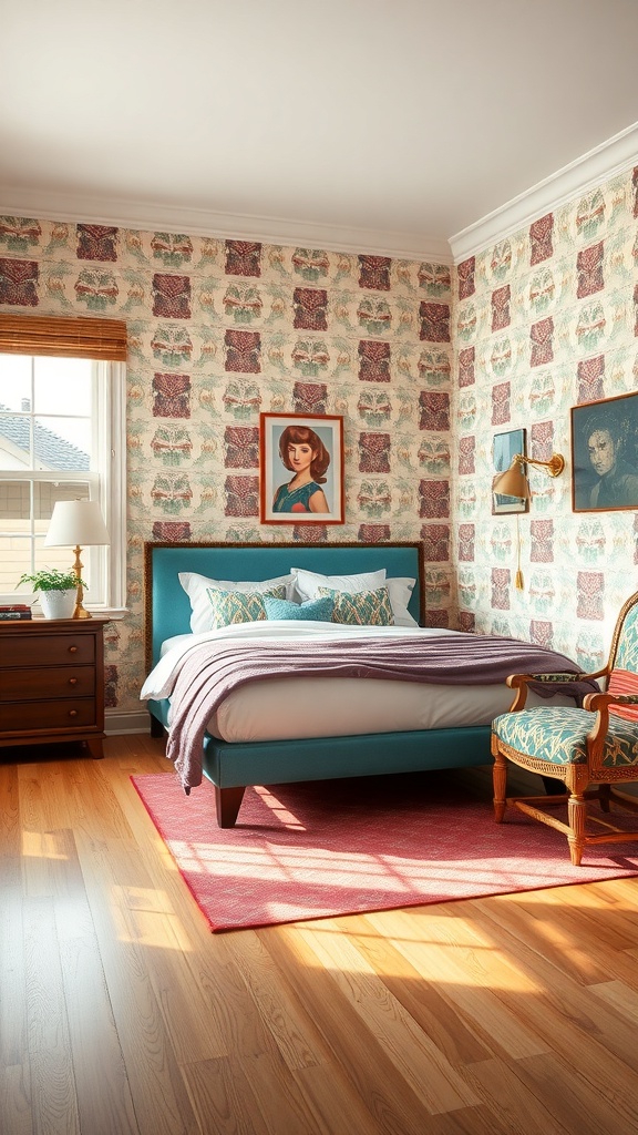 A cozy bedroom with retro 70s patterned wallpaper, featuring a modern bed and vintage chair.