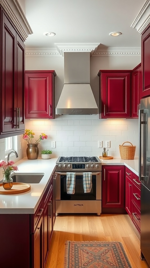 A kitchen featuring rich burgundy cabinets and cream countertops, with stainless steel appliances and wooden flooring.